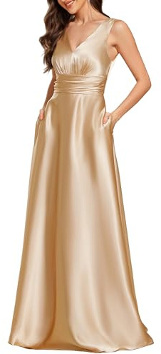 Ever-Pretty Abito Cerimonia Donna Eleganti Lungo Raso Senza Maniche Abito Damigella d'Onore Vestito Elegante Scollo a V Champagne 54