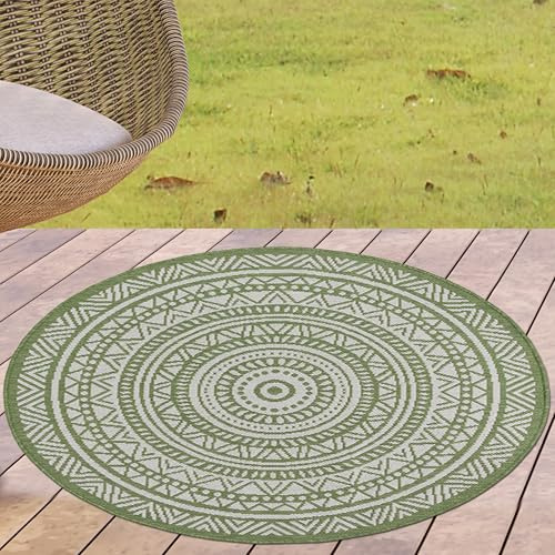 CARPETIA Indoor Outdoor Teppich Gartenteppich TerrassenTeppich Outdoorteppich rund wetterfest mit modernem Mandala-Design in Grün, 120 cm Rund