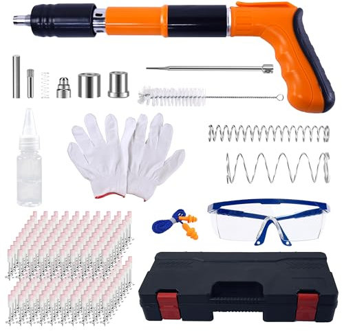 Manuelle Nagelpistole mit 200 Runden Nägeln, 5 Gänge Einstellbares Bolzenschussgerät Nagelpistole für Stahl & Beton Nail Gun Schalldämpfer Bolzenschussgerät Tragbare Nagelpistole Kits