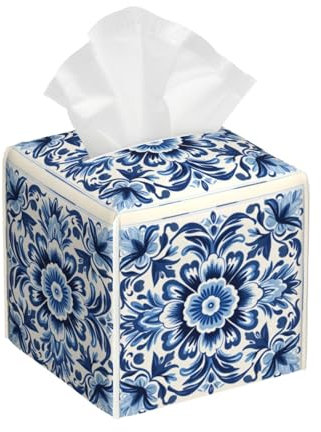 Mexpekil Square PU Leather Tissue Box Holder - Vintage Mandala Flowers Blue Napkin Dispenser for Bathroom and Car