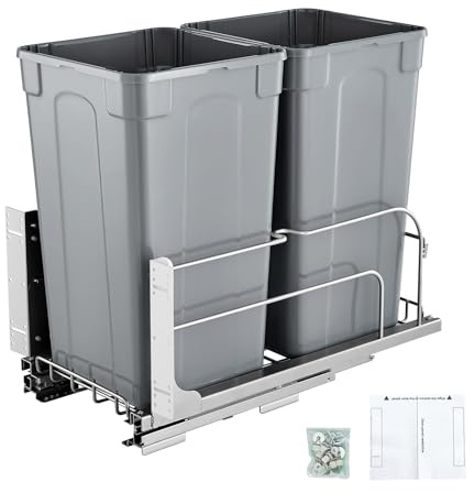 VEVOR Poubelle Coulissante sous Évier et sous Plan 2x24,85 L, Collecteur de Déchets avec Système Coulissant en Métal à Fermeture Douce, Système de Tri Sélectif Placard Meuble Bas, Cuisine, Gris