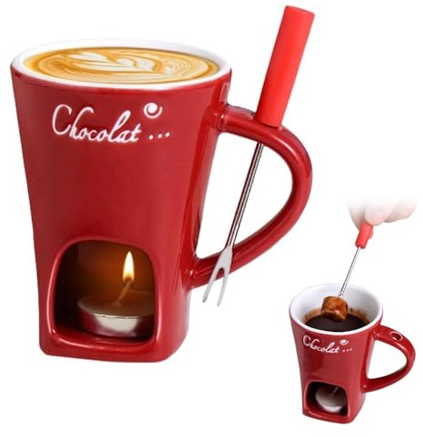 Hojalis Tazza per fonduta di Cioccolato, Fonduta di Cioccolato in Ceramica con Candela e Forchette, 130ml Tazza Fonduta Cioccolato, Tazza per Fonduta in Ceramica per Fusione per Caramelle (Rosso)