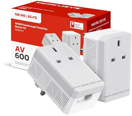 Mercursys MP300P KIT AV600 Powerline Adapter Starter KIT, Powerline Network Adapters with Extra Power Scoket,TP-Link Power Saving Powerline Network Adapters with Ethernet Port, Plug and Play