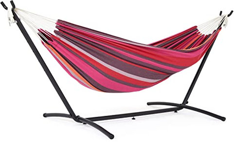 Mondeer Hängematte mit Hängemattengestell, Doppel Baumwolle mit Gestell für 2 Personen, Tragbare Outdoor & Indoor Terrasse Hof Garten, Belastbarkeit bis 200 KG, Rot