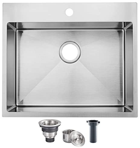 SHACO 25x22 Inch Drop In Kitchen Sink, Top Mount 16 Gauge 304 Stainless Steel 8 Inch Deep Drop In RV Laundry Utility Sink, Brushed Nickel Single Bowl Sink Topmount Overmount Sinks with Drain