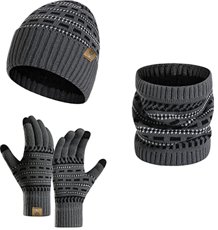 INSISMY Ensemble Bonnet Écharpe Gant pour Homme Tricoté Bonnet Homme Hiver Gant Tactile et Écharpe Chaude avec Doublure Polaire
