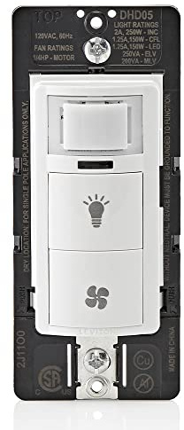 Leviton Dual Combination Humidity Sensor with Separate Light Switch, Automate Bathroom Exhaust Fan, Air Circulation, Moisture Control, Single Pole/Single Pole, ¼ HP, DHD05-1LW, White