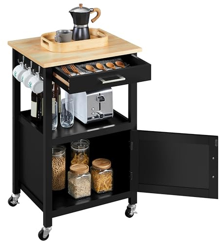 Yaheetech Chariot de Cuisine en Bois Desserte Roulante à 1 Tiroir et 1 Armoire Meuble de Rangement Cuisine avec 3 Crochets Verrouillage Magnétique 55 cm L × 45 cm l × 89 cm H Noir