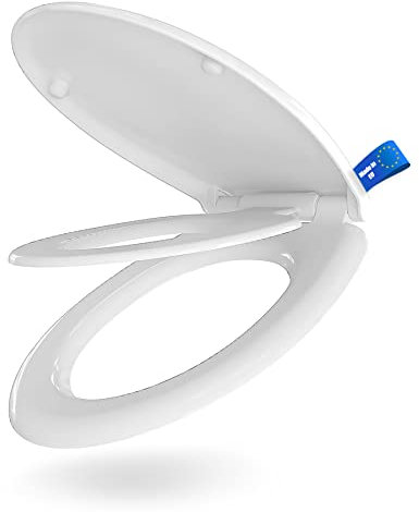BigDean WC Sitz mit Kindersitz hochklappbar abnehmbar mit Schnellverschluss - Toilettendeckel mit Absenkautomatik oval bis 150kg - Duroplast weiß zum einfachen reinigen antibakteriell - Made in EU