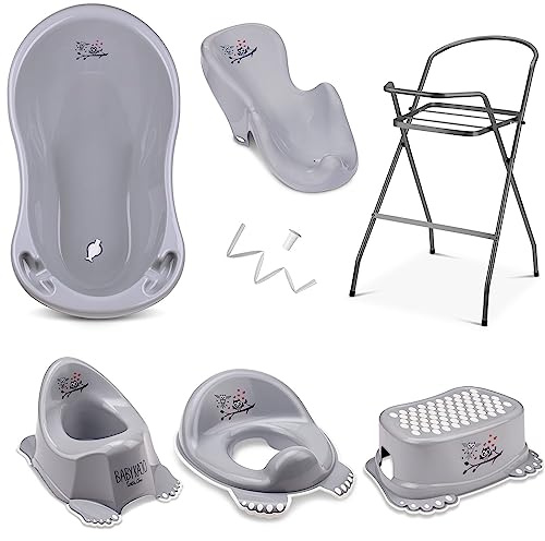 Baby Badewanne mit Gestell 7 Set TÜV Rheinland geprüft - Babybadewanne + Baby Badewannensitz + Ständer + Abfluss + Töpfchen + Hocker + WC Sitz Kinder