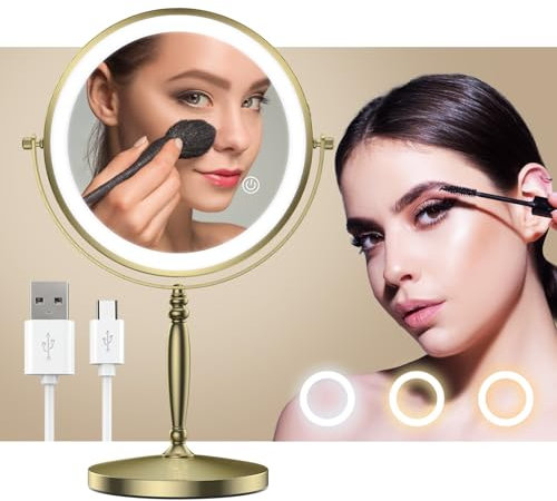 MATEPROX 8 Zoll Kosmetikspiegel mit Lichtern, Wiederaufladbarer Doppelseitiger 1X 10X Vergrößerungsspiegel, Beleuchteter Schminkspiegel mit 3 Farblichtern, Touchsensor-Dimmung-Bronze
