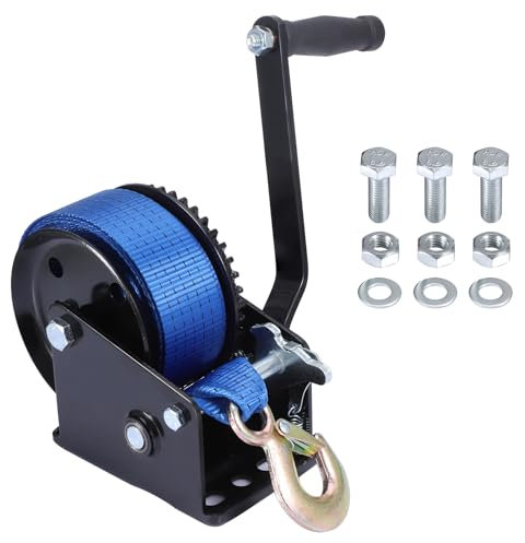 Pindex Cabrestante manual de 800 kg con correa, cabrestante de mano con correa de 10 m, cabrestante para barco, cabrestante manual con antirretorno para taller, garaje, remolque, dinghi, madera, 4.1:1