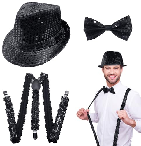 EUPSIIU 3 Pièces Chapeau de Danse Jazz Déguisement pour Adulte Enfants, Paillette Accessoire Disco Performance Chapeau Bretelles à Paillettes Noeud Papillon, JGA Fête à Thème,Spectacles de Jazz