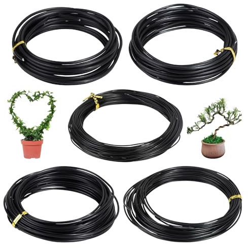 SUPAWAY 5 Rollos Alambre bonsai Alambre de jardín Alambre bonsai de aluminio Alambres para dar forma al bonsai para modelación de ramas y troncos 5-Tamaño-1,0/1,5/2,0/2,5/3,0mm (Negro, 50m total)