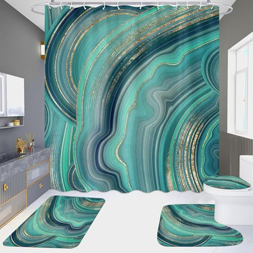 Badezimmermatte Goldenes Türkis Bad Teppiche Set 3 Teilig,rutschfeste Bath Mat(50x80cm)+U-Typ Wasseraufnahme Badmatte+Schnelltrocknend Badezimmerteppich