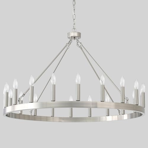 VBKK Silver Wagon Wheel Chandelier 40”, Farmhouse Brushed Nickel Chandelier for Dining Room 20-Light, Modern Round Living Room Chandeliers Light Fixture for Foyer, Entryway, E12
