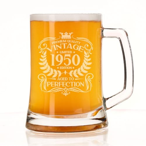 Always Looking Good Boccale da birra in vetro con incisione Aged to Perfection, regalo per 76° compleanno da uomo, stile vintage 1950 Aged to Perfection, bicchiere da birra da mezzo litro