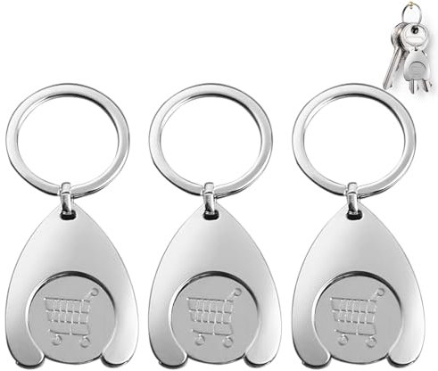 Confezione da 3 portachiavi con chip per carrello della spesa, portachiavi rimovibile con chip per la spesa, grilletto per carrello della spesa in argento, chip per carrello della spesa in metallo