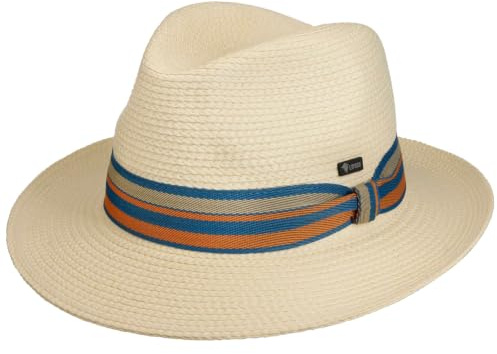Lipodo Danmora Fedora Bogart Hat Made in Italy Raffia Straw Stripe Band Unisex Summer Cream White