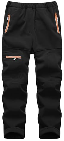 Yenwits Kinder Softshellhose gefüttert Skihose wasserdicht Thermohose Wanderhose Trekkinghose Schneehose Winter Outdoorhose Cargohose für Jungen und Mädchen（9056，schwarz,122-128