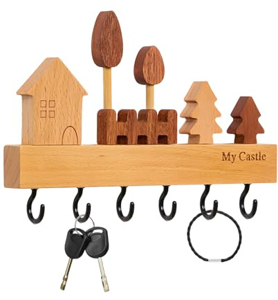 Zliger Porte-clés mural en bois avec 6 crochets, crochets muraux pour sac, lunettes, porte-monnaie, plante en pot