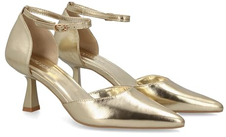 shoes&blues.es 95179 Stiletto para Mujer con Tacon Fino. Cierre de Hebilla, Punta Fina. Ideal para Otono Invierno. Oro Talla 37