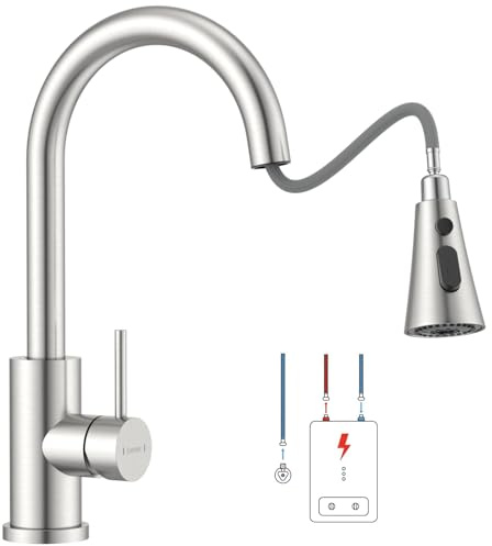 DAYONE Rubinetto da cucina a bassa pressione, rubinetto estraibile con 3 tipi di getto, rubinetto da cucina con 3 connettori, in acciaio inox a bassa pressione, girevole a 360°, miscelatore per