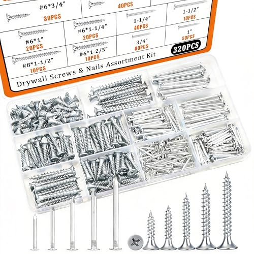 Dianrui Kit surtido de 320 clavos y tornillos de madera, juego de tornillos para paneles de yeso #6#8 y clavos pequeños para colgar cuadros/proyectos de reparación de bricolaje, longitud de 1/2 a 2