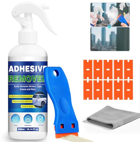 Rimuovi Colla Spray, 300ml Potente Rimuovi Colla Adesivi con Raschietto Pulizia dei Residui Appiccicosi, Rimuovi Silicon per Etichette, Adesivi, Nastro Adesivo da Finestre, Auto, Legno, Metallo