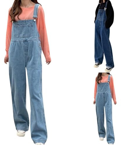 Salopette en jean pour femme, longue, salopette de travail pour femme, bleue, décontractée, coupe droite, jambes larges, confortable, bretelles réglables, combinaison ample, bretelles