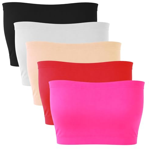 Tube Tops for Women, 5-Pack Colorful Strapless Bandeau Crop Tube Tops, Comfortable Breathable Bandeau Top Basic Casual Going Out Top for Summer Outings and Beachwear