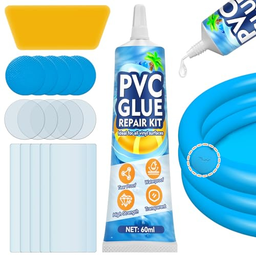AAROVIBE Kit Riparazione Piscina con Toppe per Piscina – Colla PVC Trasparente, Impermeabile e a Rapida Asciugatura per Gonfiabili, Materassini, Letti ad Aria, Barche in PVC, Piscine, Tende (60ml)