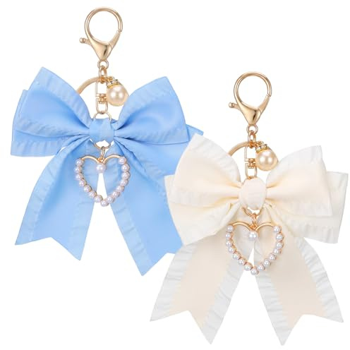 Shimmeroo 2PCS Pearl Bowknot Bag Charm in Blue & Beige | Cute Bow Chain for Purse Keychain, Wallet Backpack Accessories, Pearl Wristlet