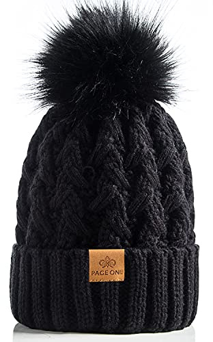 PAGE ONE Womens Winter Ribbed Beanie Crossed Cap Chunky Cable Knit Pompom Soft Warm Hat Black