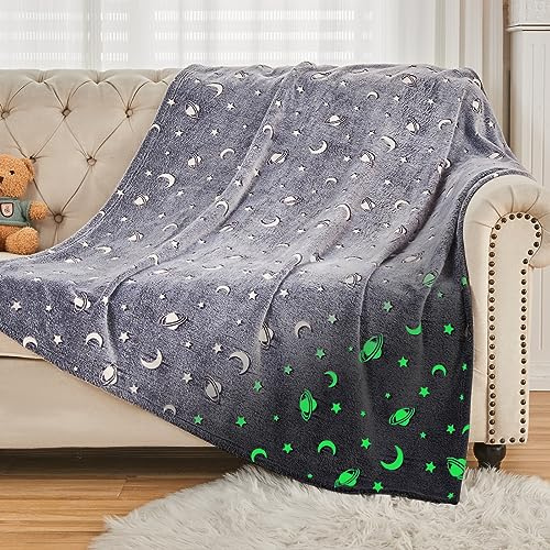 SOCHOW Manta Polar Brillante en la Oscuridad 150 x 200 cm, Manta de Franela de Patrón de Estrellas Galácticas, Manta Super Suaves Gris de Toda la Temporada para Niños Niñas