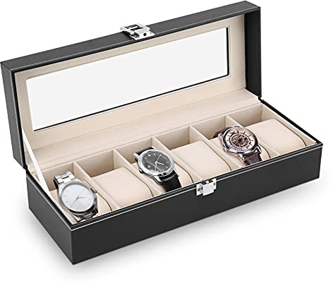 Greensen Scatola porta orologi per 6 orologi, custodia per orologi in pelle e velluto, organizer per orologi Scatola per orologi Scatola portagioie per collezioni di gioielli 30x11x8cm