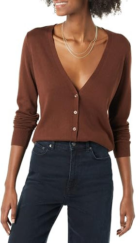 Amazon Essentials Damen Leichter Cardigan mit V-Ausschnitt (in Übergröße erhältlich), Braun, L