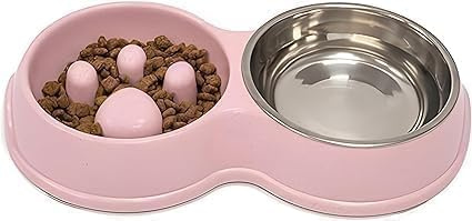 Fur & Bone Double Slow Feeder Dog Bowl | Raised Dog Bowl with Non-Slip Bottom | Stainless Steel Bowl | Detachable Raised Cat Bowl (Pink)
