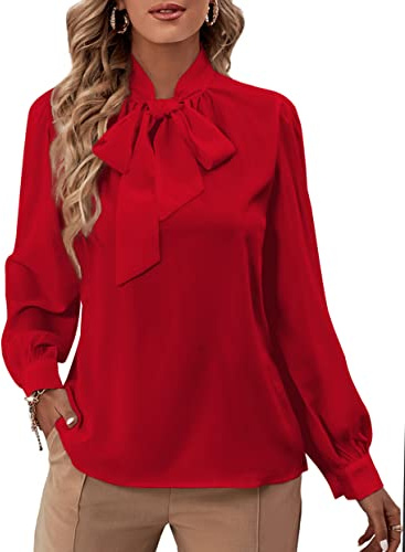 Rooscier Blusa elegante de gasa con cuello de lazo de manga larga con puños de botones para mujer, Rojo, Small
