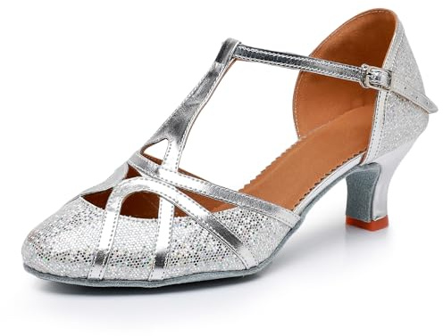 Rosefinch Chaussures de Danse Latine à Bride en T-pour Femme Bout Fermé Mode Salsa Tango Cha-Cha Chaussures de Danse pour Mariage et Soirée -Argenté 5cm Talon 39 EU