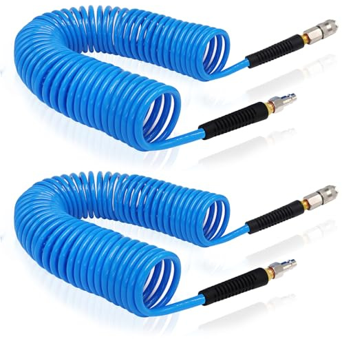 FANOVO 2PCS 10m Length Air Compressor Hose Polyurethane Recoil, 1/4 Europe Quick Coupler and Bend Restrictors for Air Compressor Accessories, 6mm ID x 9.5mm OD Blue Retractable Hose