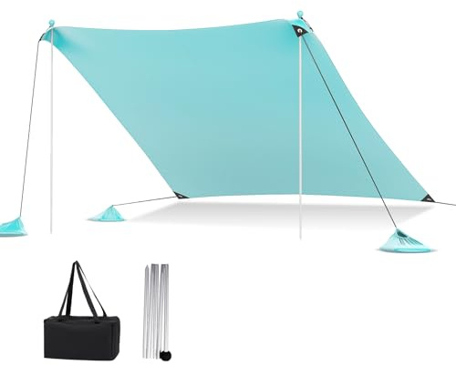HOMASIS Tente de Plage Anti-UV, Abri de Plage pour 1-4/4-8 Personnes, Voile d'Ombrage avec 2 Barres de Support et Sac de Transport, Ancrages de Sable et 4 Sacs de Sable (Vert, 300 x 300 cm)