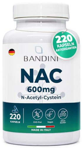 Bandini® NAC N-Acetilcisteína | 220 Cápsulas - 600 mg | Más de 7 Meses de Suministro | Potente Antioxidante y Aminoácido N-Acetil-Cisteína, Natural Precursor del Glutatión | Vegano, Sin OGM