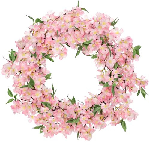 Hollyone 20inch/51cm Artificial Cherry Blossom Wreath for Front Door, Spring Floral Wreath Pink Fake Flower Decorations for Mantle, Window, Wall, Farmhouse