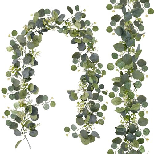 2Pcs Artificial Eucalyptus Garland, 5.9FT Greenery Garland, Faux Eucalyptus Leaves Vines Artificial Greenery Vines Table Runner Garlands for Table Home Wedding Indoor Outdoor Decor, Style1