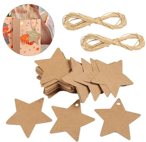100 Pcs Brown Kraft Paper Star Tags 6x6cm for DIY Crafts, Christmas Ornaments, Weddings & Birthday Gift Cards with 20m Natural Jute String