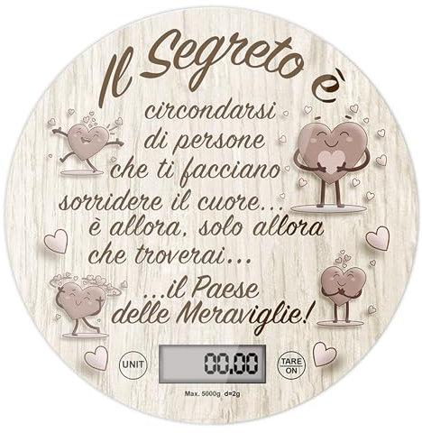 Lupia - Bilancia Digitale da Cucina in Vetro Temperato decorato IL SEGRETO D.18,5 cm, Idea Regalo scatola bianca, Display LED, Design Elegante Bomboniera, batteria CR2032, Made in Italy
