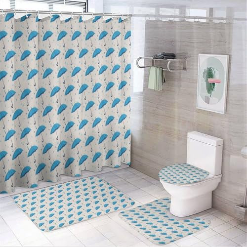 CAEITLRSO Juego de 4 Piezas de Cortinas de Ducha,Dibujo Animado Paraguas Alfombra baño Antideslizante + Tapa Inodoro + Cortina Ducha Resistente al Moho 3D Impresión De Baño Accesorios (Azul Sencillo)