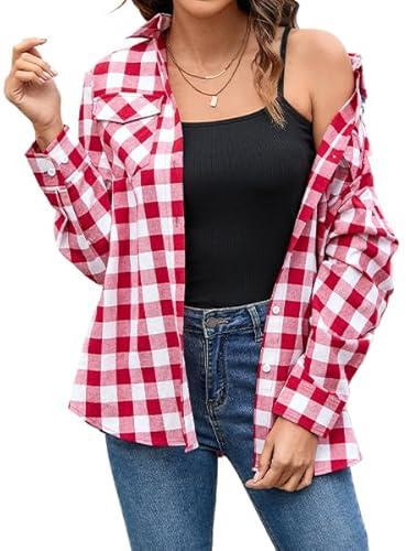 Stamain Women's Red Checked Shirt Long Sleeve Casual Ladies Plaid Top Button Down Fitted Check Shirt for Women UK Stretch Blouse Top Roll Up with Pockets L