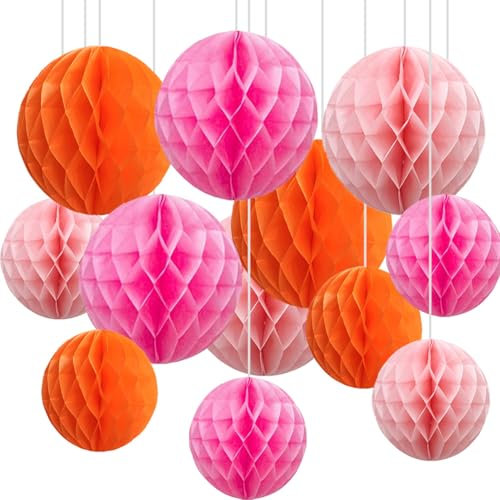 12 bolas de panal de papel naranja y rosa, bolas de papel de seda colgantes para decoración de fiestas (6 pulgadas y 10 pulgadas)